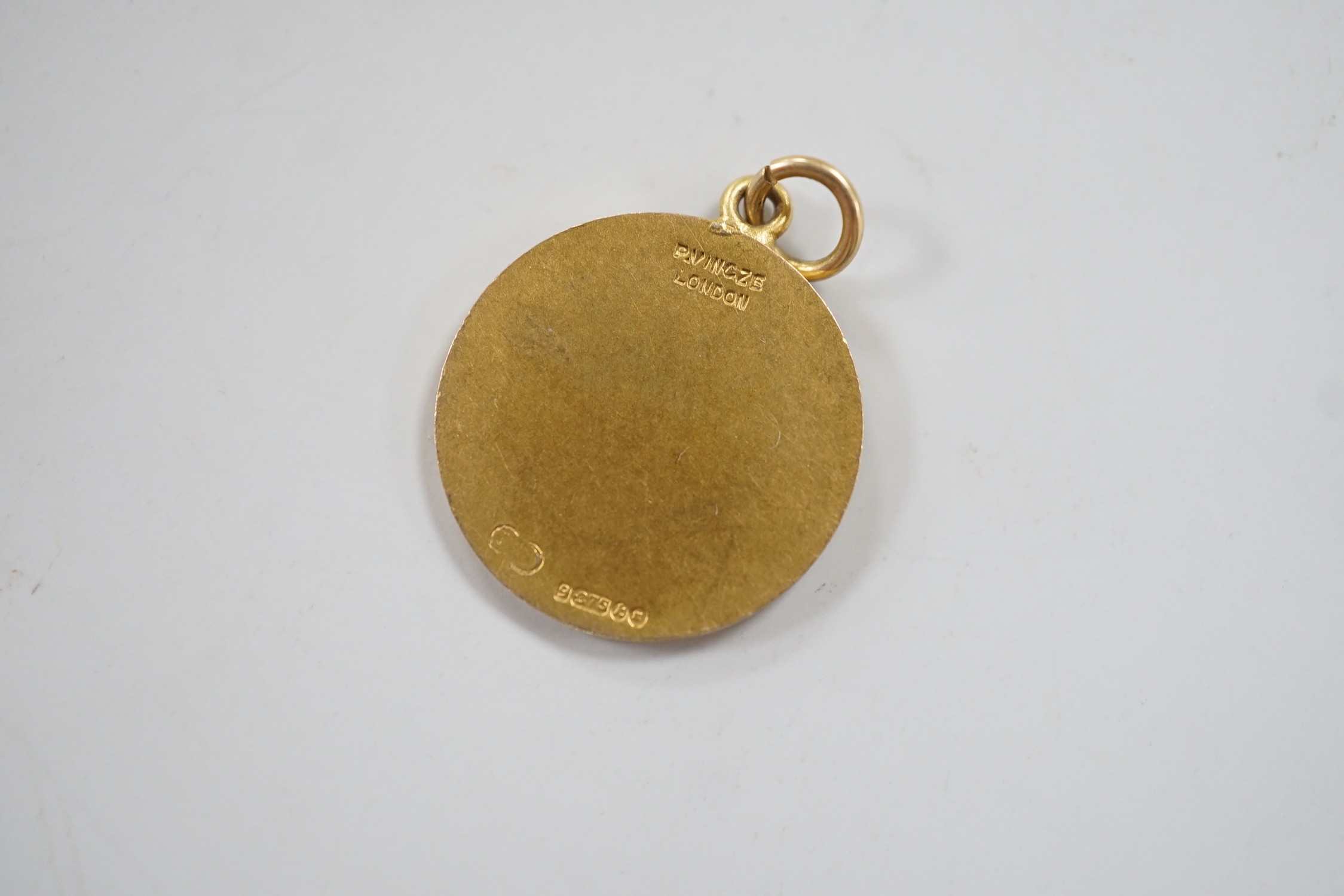 A 1960's 9ct gold St Christopher pendant, by P. Vincze, 17mm, 2.3 grams, stamped verso.
